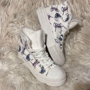 Stylish Disney Stitch White/Blue/Pink High-Top Faux Fur lined Sneakers